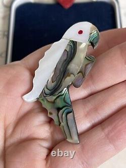 Vintage brooch bird large parrot Mexico abalone shell Signed