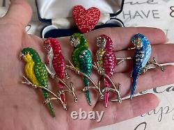 Vintage brooch bird parrot 5 ps birds sitting on a branch multi colore 1960s