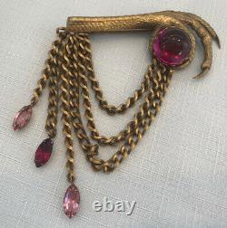 Vintage early JOSEFF of Hollywood BROOCH, Bird Talons holding red stone, chains