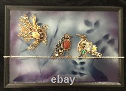 Vintage jewelry art, Birds on a Wire, brooches necklaces earrings, framed signed