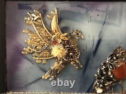 Vintage jewelry art, Birds on a Wire, brooches necklaces earrings, framed signed