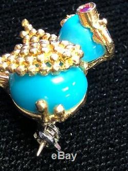 Vintage maybe Torino 18k Gold Ruby & Turquoise Love Birds Pin Brooch