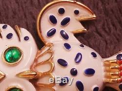 Vintage signed Crown Trifari Pet Series Owl Brooch Enamel Blue White Green Bird