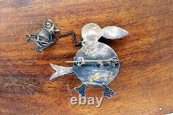 Vintage silver TAXCO MEXICO 1940's GREEN TURQUOISE BIRD CHICK BROOCH pin RARE