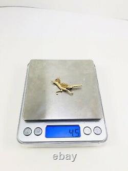 Vtg 14K Solid Yellow Gold Roadrunner Bird Brooch Pin Ruby Eye 4.5 Grams 1 7/8