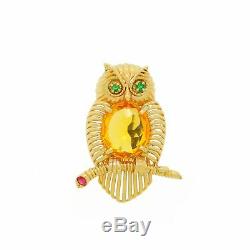 Vtg 14k Gold Citrine Emerald Owl Bird Pin Brooch Fur Coat Clip Inverted Stone