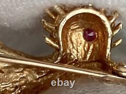 Vtg 14k Solid Yellow Gold 2 Roadrunner Bird Brooch Pin Round Ruby Eye 5.72grams