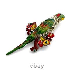 Vtg 1940s CORO Parakeet Bird Flower Enamel Rhinestone Duette Fur Clip Brooch