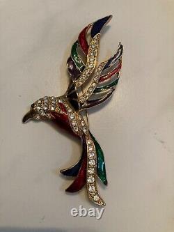 Vtg 1980s BOUCHER D'ORLAN enamel rhinestone 5 paradise bird parrot brooch
