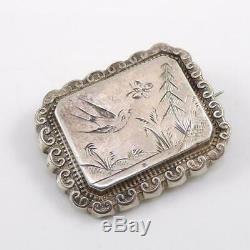 Vtg Antique Victorian Hand Chased Bird Scenic Sterling Silver Pin Brooch LFD4