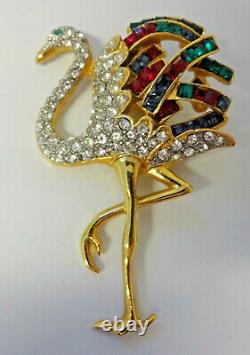 Vtg COOK LONDON Bijoux Multicolor Rhinestone Exotic Flamingo Bird Pin Brooch
