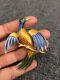 Vtg Crown Trifari Bird Of Paradise Blue Green Enamel Gold Tone Pin Brooch