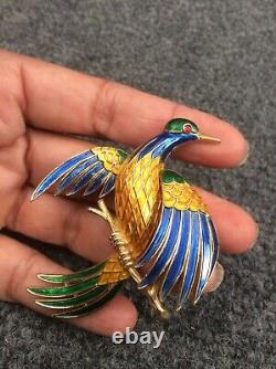 Vtg Crown Trifari Bird Of Paradise blue Green enamel gold tone pin brooch