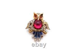 Vtg Crown Trifari Owl Brooch Pin Gold Tone Rhinestone Jelly Belly Alfred Philipe