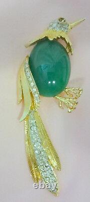 Vtg Faux Jade Green Peking Glass Gripoix Mogul Rhineston Parrot Bird Brooch Pin