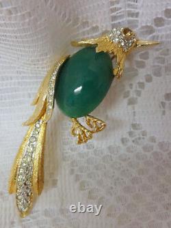 Vtg Faux Jade Green Peking Glass Gripoix Mogul Rhineston Parrot Bird Brooch Pin