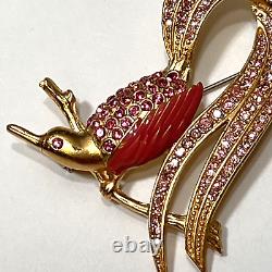 Vtg Givenchy Pink Rhinestone Enamel Matte Gold Bird on Branch Pin Brooch