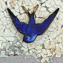 Vtg Guilloche bluebird of happiness brooch antique enamel pin bird in flight #2