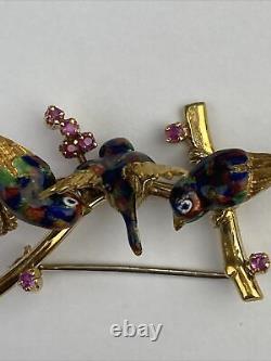 Vtg Italian Color Enamel Rubies 18k 750 Gold Birds on Branch Brooch Pin Italy