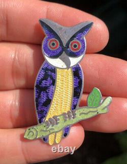 Vtg JF Jeronimo Fuentes Taxco Mexico Sterling Silver Enamel Owl Pin Brooch