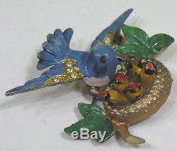 Vtg Jewelry Fabulous Brooch Blue Bird Feeding Babies in Nest! 1940s