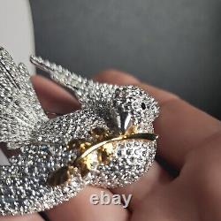 Vtg Joan Rivers Bird Dove Clear White Crystal Gold Leaves Pin Brooch Peace 2.5