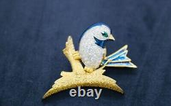 Vtg Jomaz Joseph Mazer Pirched Enameled Blue Bird Green Rhinestone Brooch Pin