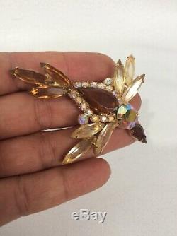 Vtg Juliana D& E Iridescent Amber Rhinestone Bird gold tone pin brooch