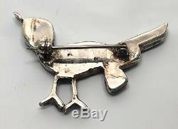 Vtg Native American Indian Sterling Silver Turquoise Road Runner Bird Pin Brooch