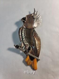 Vtg Native American Zuni 4 Sterling MOP Parrot Bird Brooch Pendant