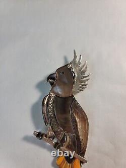 Vtg Native American Zuni 4 Sterling MOP Parrot Bird Brooch Pendant