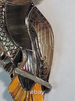 Vtg Native American Zuni 4 Sterling MOP Parrot Bird Brooch Pendant