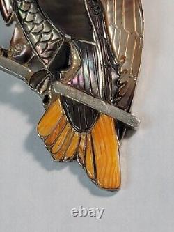 Vtg Native American Zuni 4 Sterling MOP Parrot Bird Brooch Pendant