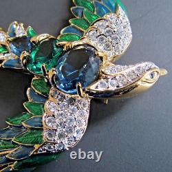 Vtg Nolan Miller Swallow Bird Gold Tone Brooch Pin Clear Green Crystal Enamel