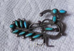 Vtg Pawn Silver Petit Point Turquoise Southwestern Road Runner Bird Brooch Pin