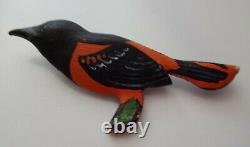 Vtg Signed Artist VZ Hand Painted Carved Wood Colorful Bird Pin Brooch Unique