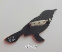 Vtg Signed Artist VZ Hand Painted Carved Wood Colorful Bird Pin Brooch Unique
