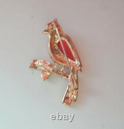 Vtg Signed Napier Christmas Three Branch Bird Cardinal Pressed Glass Pin Brooch