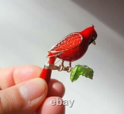 Vtg Signed Napier Christmas Three Branch Bird Cardinal Pressed Glass Pin Brooch
