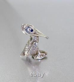 Vtg. Solid Argentium Silver 960 Pelican Bird Brooch Sapphire Eyes