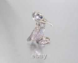 Vtg. Solid Argentium Silver 960 Pelican Bird Brooch Sapphire Eyes