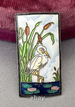 Vtg Sterling Cloisonné Enamel Brooch, Pelican Bird, Cattails & Lily Pad