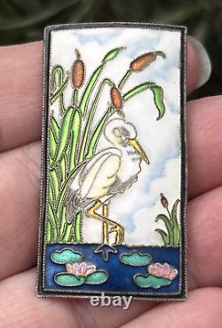 Vtg Sterling Cloisonné Enamel Brooch, Pelican Bird, Cattails & Lily Pad