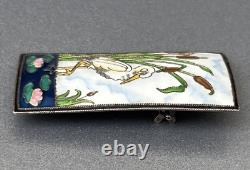 Vtg Sterling Cloisonné Enamel Brooch, Pelican Bird, Cattails & Lily Pad