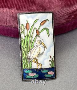 Vtg Sterling Cloisonné Enamel Brooch, Pelican Bird, Cattails & Lily Pad