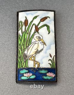 Vtg Sterling Cloisonné Enamel Brooch, Pelican Bird, Cattails & Lily Pad