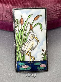 Vtg Sterling Cloisonné Enamel Brooch, Pelican Bird, Cattails & Lily Pad