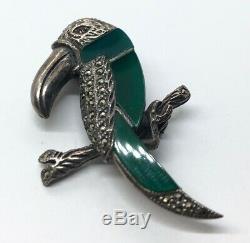 Vtg Sterling Silver Brooch Pin 925 Art Deco While Toucan Bird Marcasite Glass