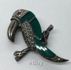 Vtg Sterling Silver Brooch Pin 925 Art Deco While Toucan Bird Marcasite Glass