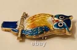Vtg Sterling Silver Enamel Owl Bird Brooch Pin Pendant Guilloche Antique Large